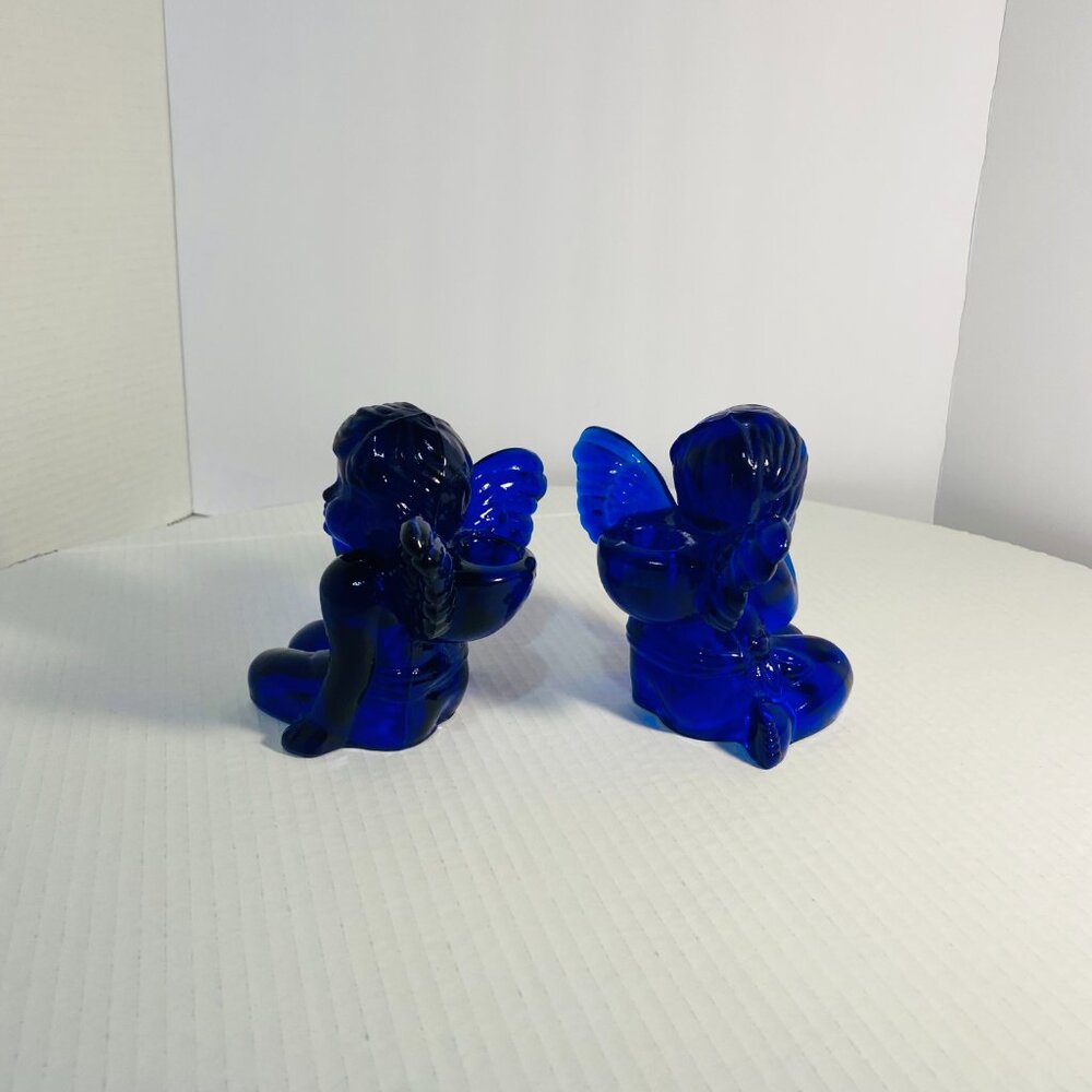 VTG Two Cobalt Blue Glass Sitting Angel Cherub Taper Candle Holders 5"x 5"x 5" - Picture 7 of 17